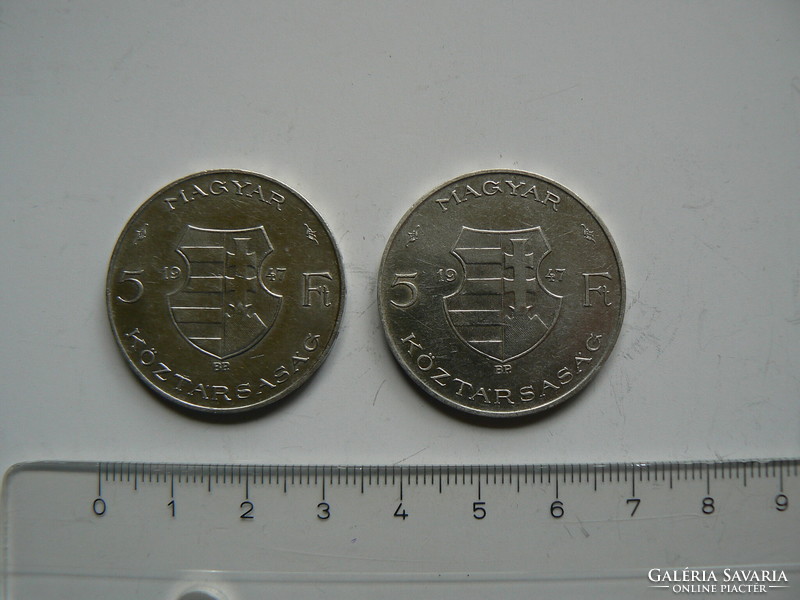 2 silver coins, 5 HUF, Republic of Hungary 1947, original! (4.)