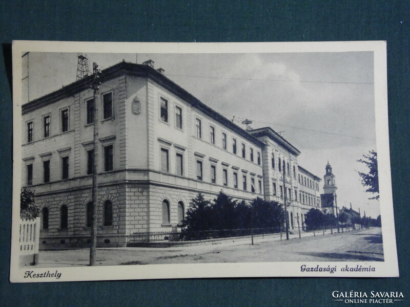 Postcard, Keszthely, economic academy view, street detail, 1947