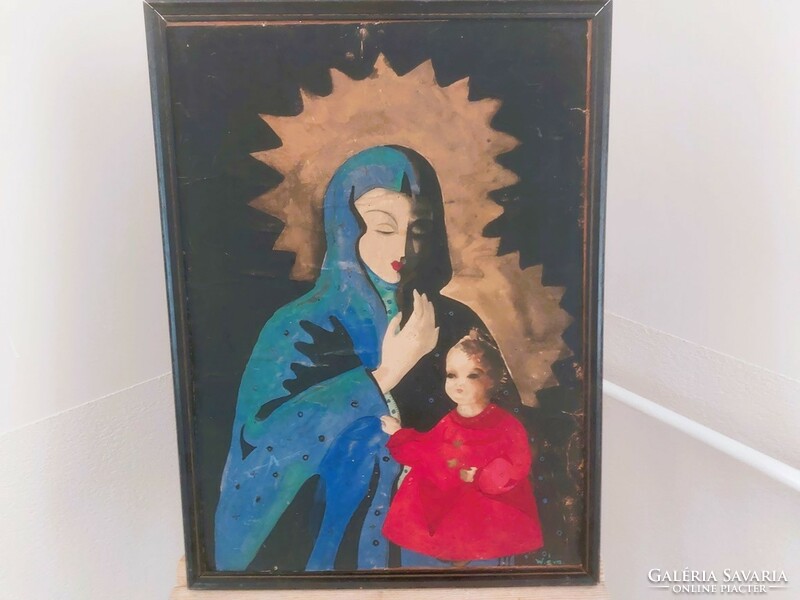 (K)  Régi szignózott szentkép festmény 47x65 cm kerettel