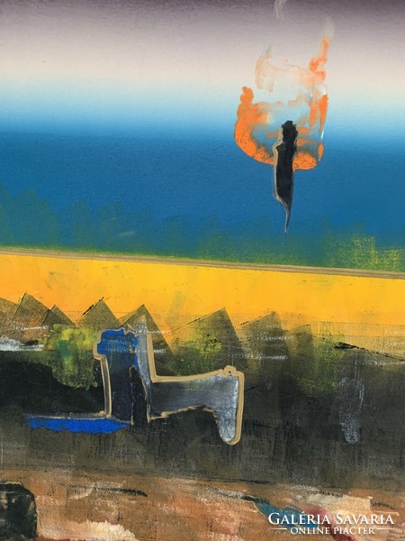 Jean le croix: bule beach 1995, usa mixed media on paper, signed, landscape