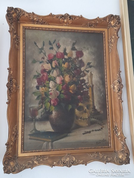Olajvászon Festmény Keretében - Virágcsendélet Koponya Rózsafüzér