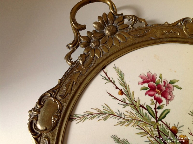 Faience tray in a massive, decorative copper frame