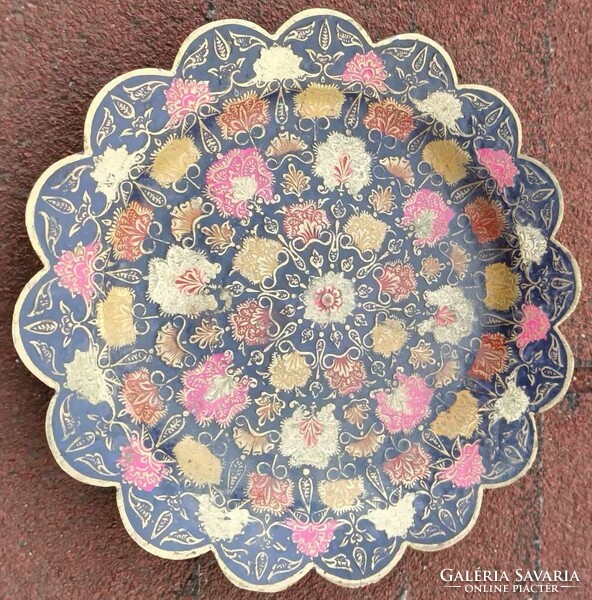 Flower-shaped decorative copper plate with fire enamel painting - copper bowl