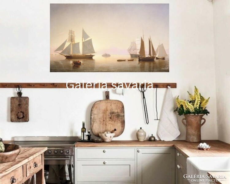 Pasztell, bézses színekben, kikötőben álló vitorlásokat és csónakokat ábrázoló festmény reprodukció