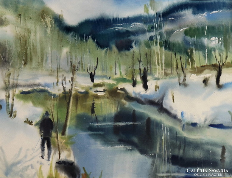 Téli folyópart, kitűnő kvalitású akvarell