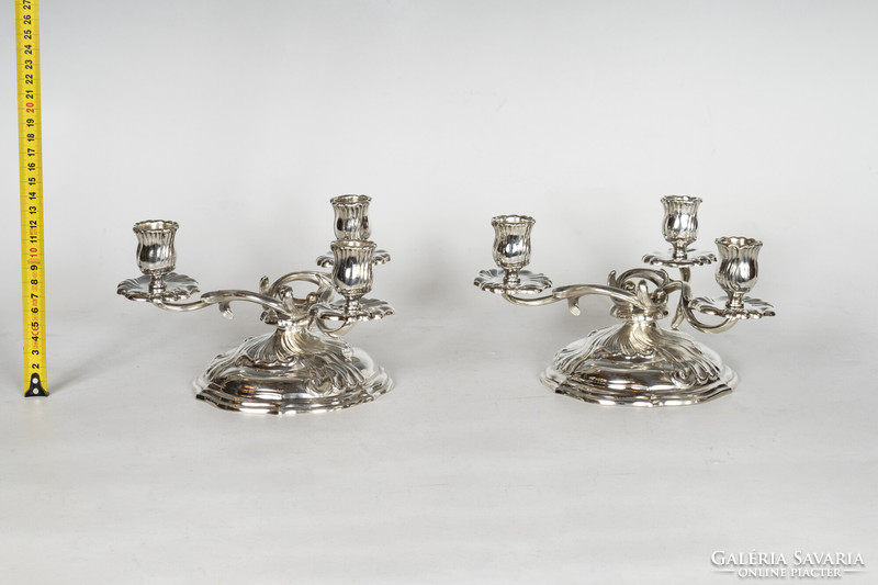 Pair of silver 3-prong candlesticks with stylized tendril decor
