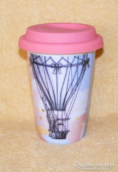 Hot air balloon flamingo porcelain cup with silicone lid