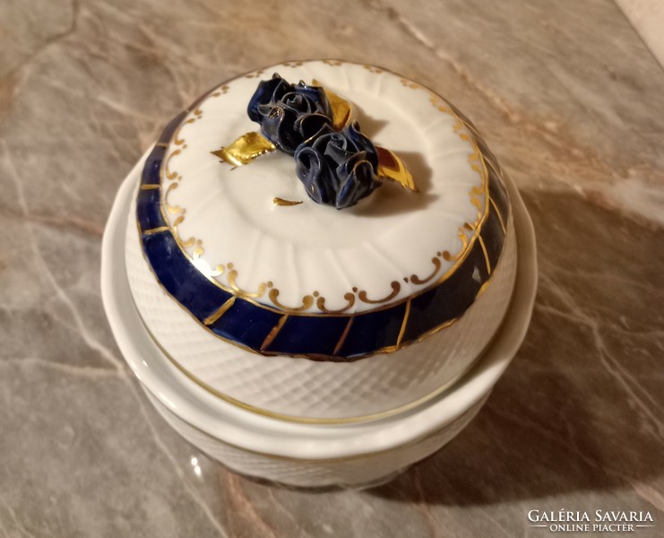 Hollóházi kék rózsa kekszes bonbonier