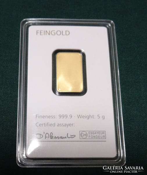 Degussa 5 g Feingold aranyrúd 9999,9 Eredeti tok
