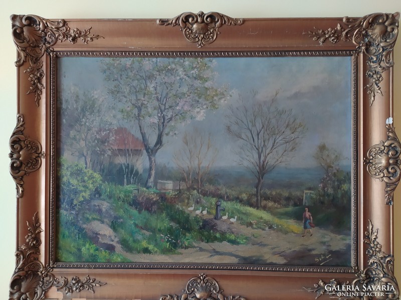 Tnya in a spring landscape signed oil on canvas painting in original blondel frame 50 x 70 cm