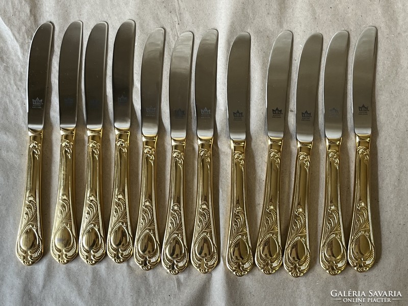 New !!! 12pcs sbs solingen gold-plated cutlery knife stainless steel blade 22cm !!!