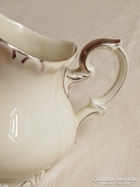 Old bone-colored glazed porcelain pouring jug, feathered with silver, edelstein bavaria Mária Theresia