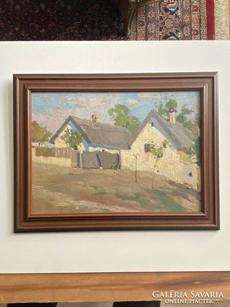 Tata 1941 village street detail oil wood panel painting in original frame