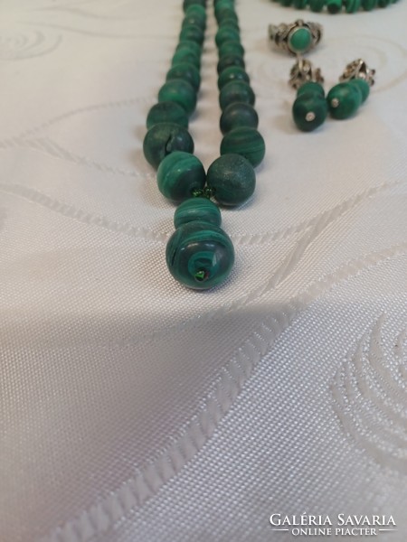 Malachite - silver chain, bracelet, ring, earrings