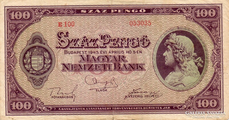 E - 005 -  Magyar bankjegyek:  1945  100 pengő