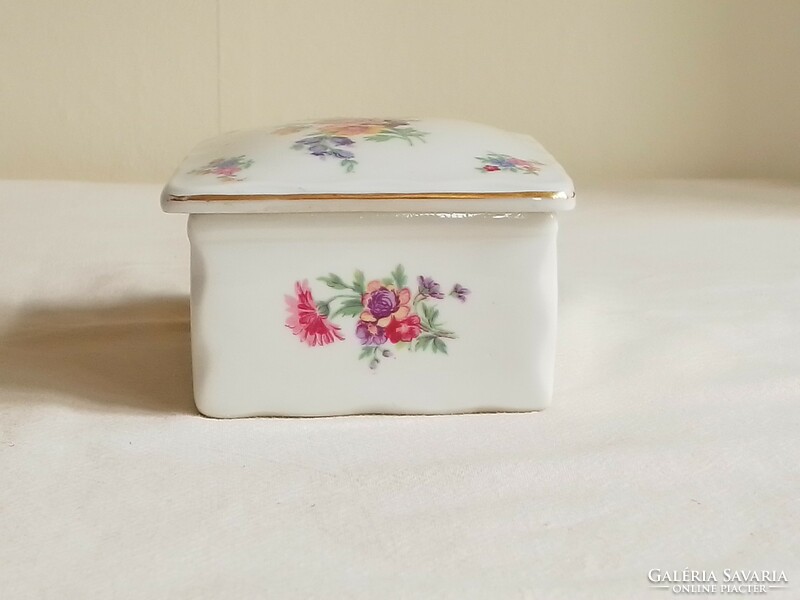 Antique old square white Czech porcelain box, victoria, flower pattern, gold border