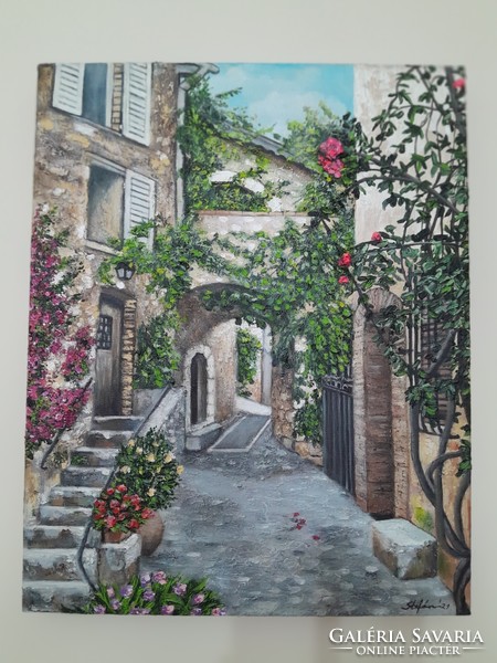 Mediterrán utcarészlet festmény akril vászon