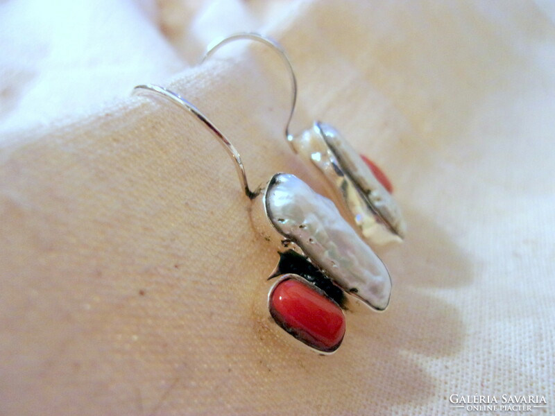 Unique silver earrings with a large freshwater pearl and coral decoration