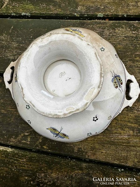 Antique faience bowl with a base, xv. Louis style, marked