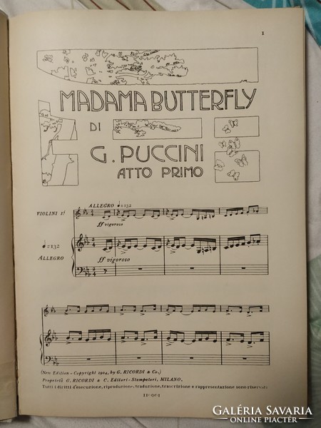 Puccini: Pillangókisasszony, Madama Butterfly új változat, Ricordi zongorakivonat kotta, hibátlan