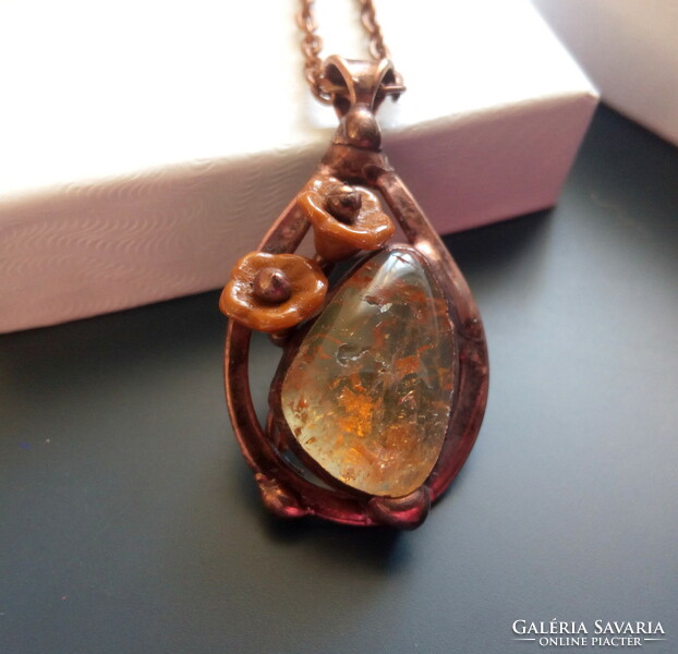 Citrine mineral pendant with brown pearls