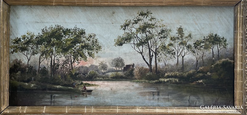 Antik festmény - “ Halászok” 1883 ból Margit szignóval laparanyozott keretben!