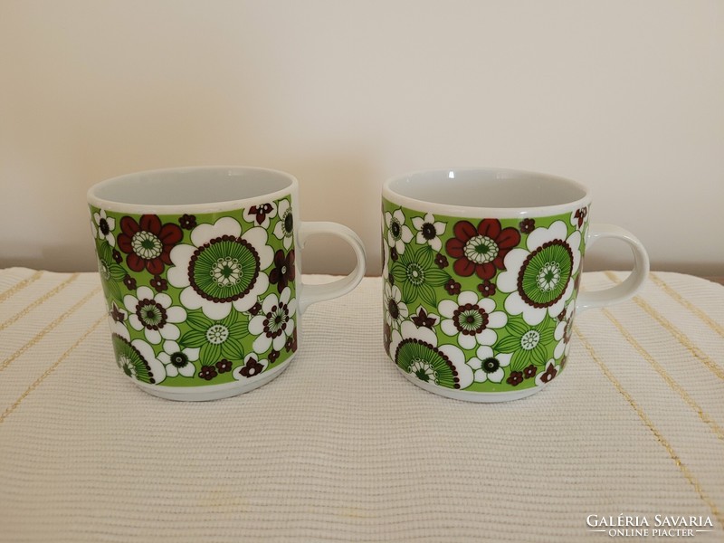 Retro régi 2 db Alföldi porcelán bögre zöld barna virágos mintás bögrék ritkán előforduló mintával