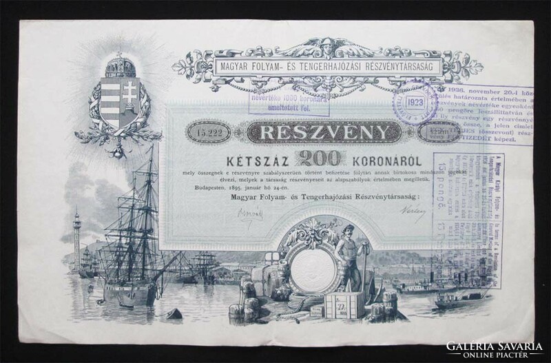 Magyar Folyam- és Tengerhajózási Részvénytársaság részvény 200 korona 1895