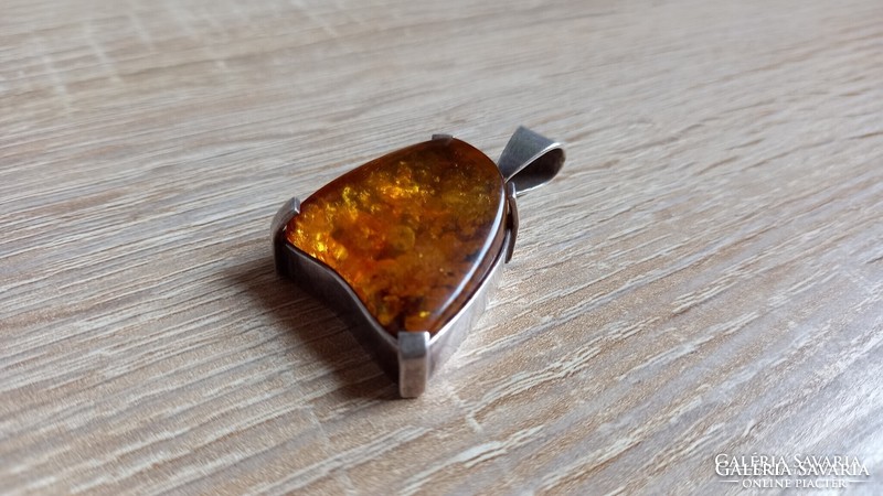 Large silver amber stone pendant