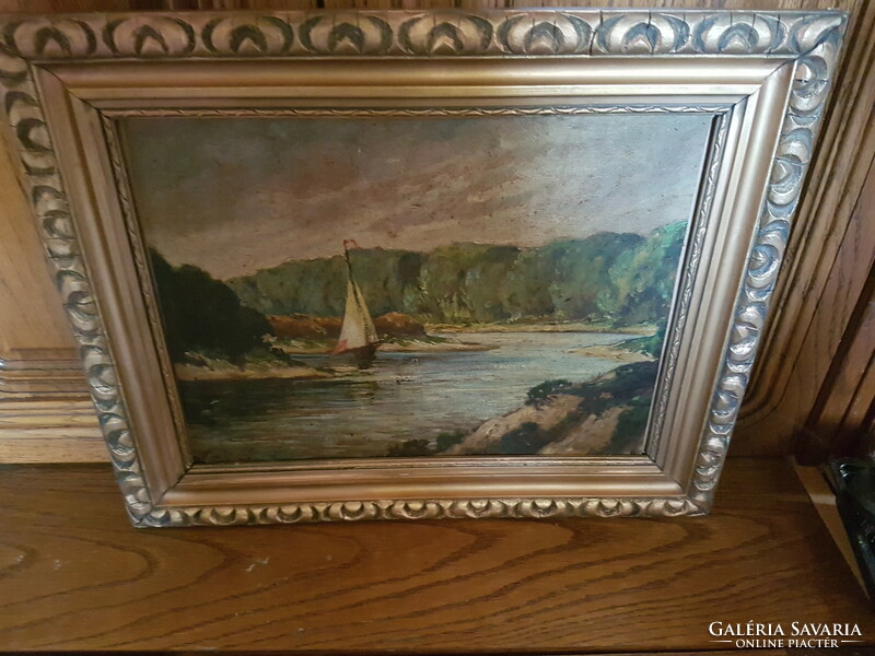 Antik festmény  1920-ból  szép tájkép , szép eredeti keretben, szignózott 27x37cm 5 cm keret