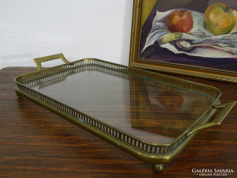 Antique art nouveau brass, glass serving tray / centerpiece