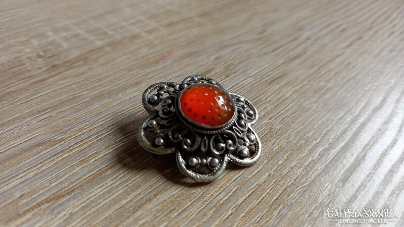 Antique silver amber stone brooch