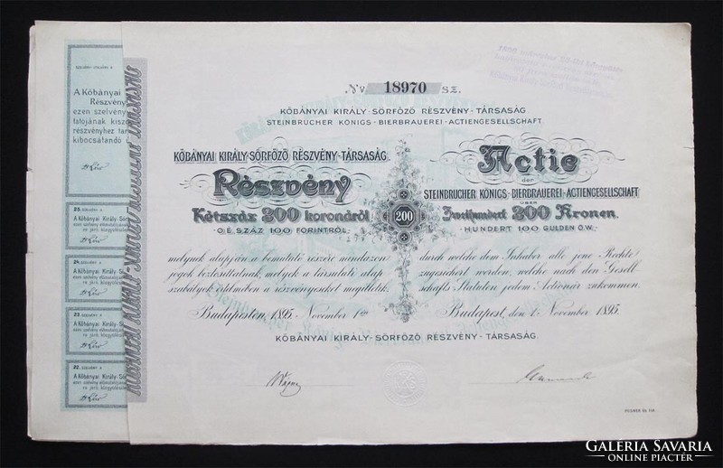 Kőbányai Király-Sörfőző Részvénytársaság részvény 200 korona 1895