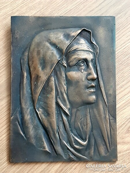 Large Weeping Madonna solid copper v bronze wall picture 18.5 cm x 25.5 cm