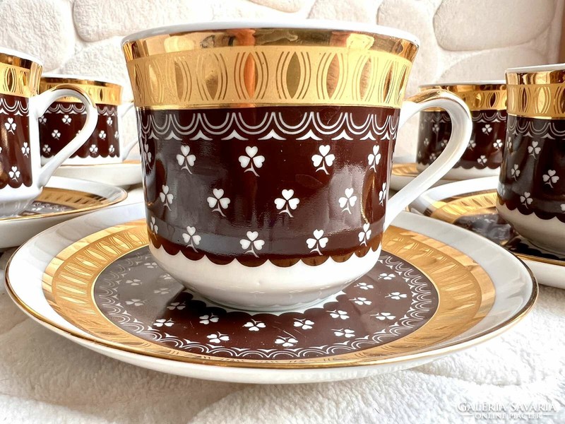 Brown gold clover pattern Czech bohemia 6-person porcelain coffee set in perfect condition