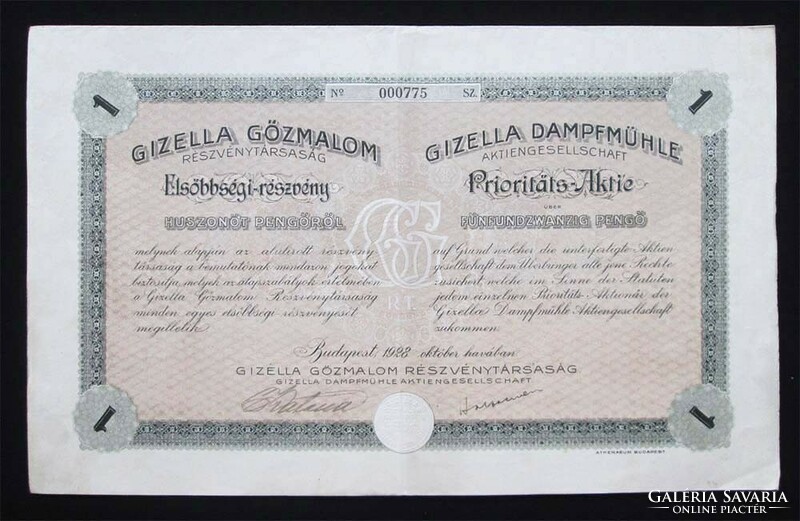 Gizella steam mill joint-stock company preference share 25 pengő 1928
