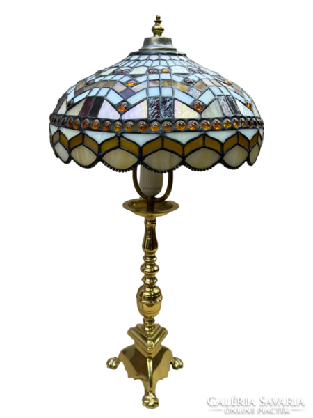Antik réz asztali lámpa színes Tiffany üveg ernyővel