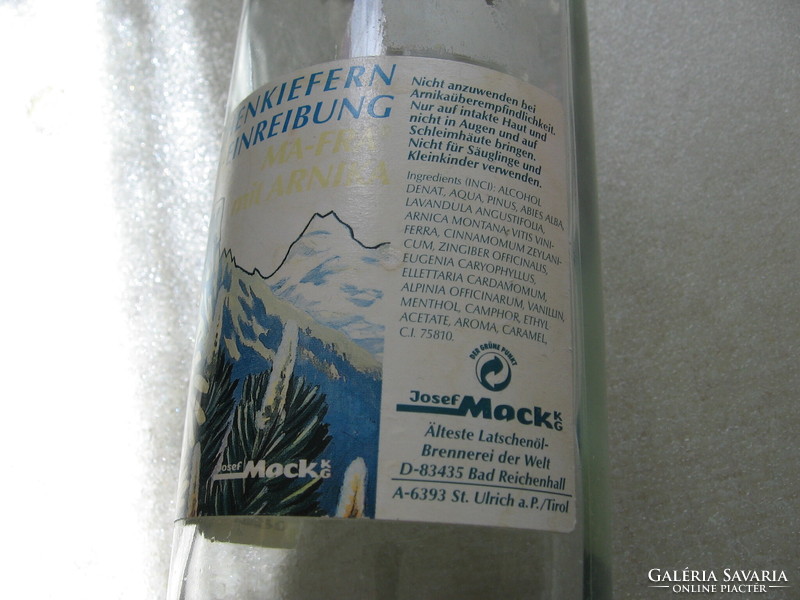 50 éves retro fenyőolaj-árnika kivonatos palack Josef Mack Lathschenkiefer Ma-Fra Tirol