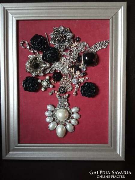 Jewelry wall pictures on a velvet base, in a picture frame, made of vintage jewelry