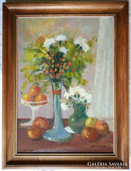 Gádor Emil "Virágok, gyümölcsök" c. olajfestmény ingyen postával