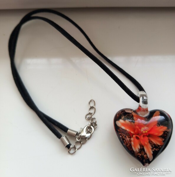 Czech glass orange and black heart pendant necklace