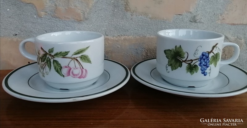 2 sets of kahla cups with small plates with fruit decor