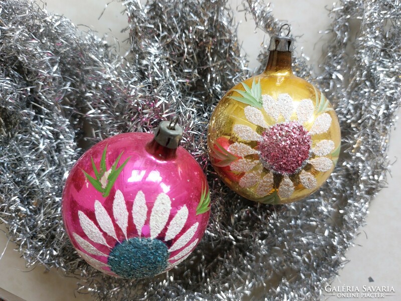 Old glass Christmas tree decoration floral sphere glass decoration 2 pcs