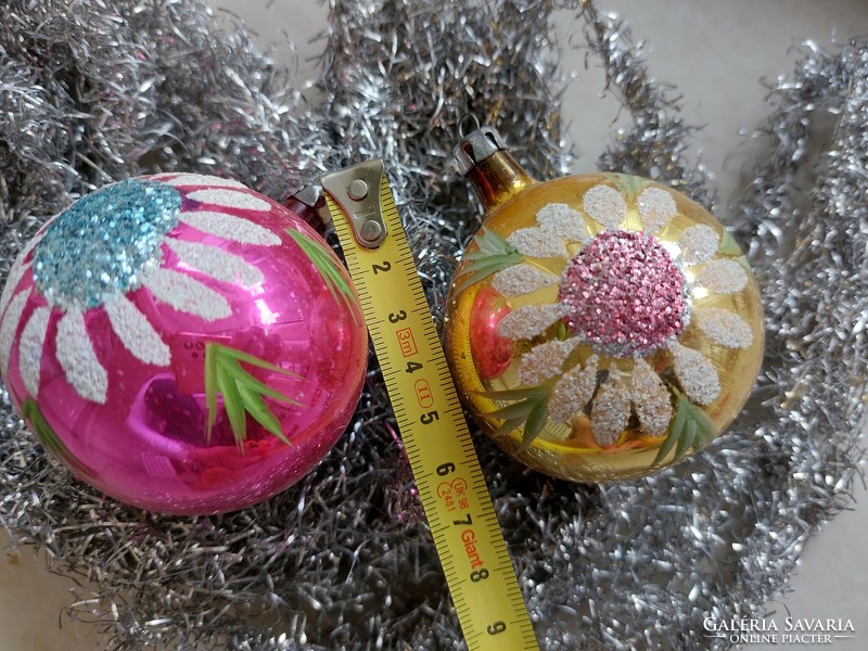 Old glass Christmas tree decoration floral sphere glass decoration 2 pcs