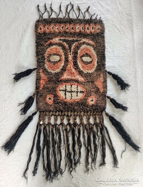 Retro Industrial Tapestry, Mask, 1960s 53cm x 40cm without fringes