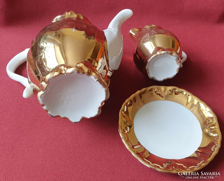 Dúsan aranyozott német porcelán kávés kanna kancsó kiöntő tányér Mayer Wiesau Bavaria karácsonyi