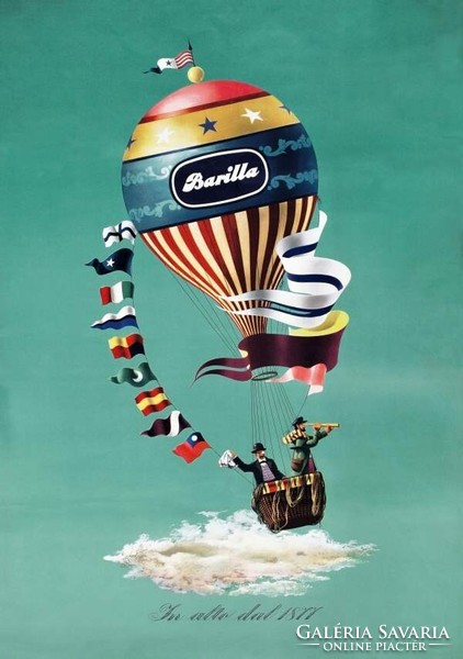 Vintage Barilla reklám plakát reprint nyomat, olasz pasta tészta étel főzés konyha szakács légballon