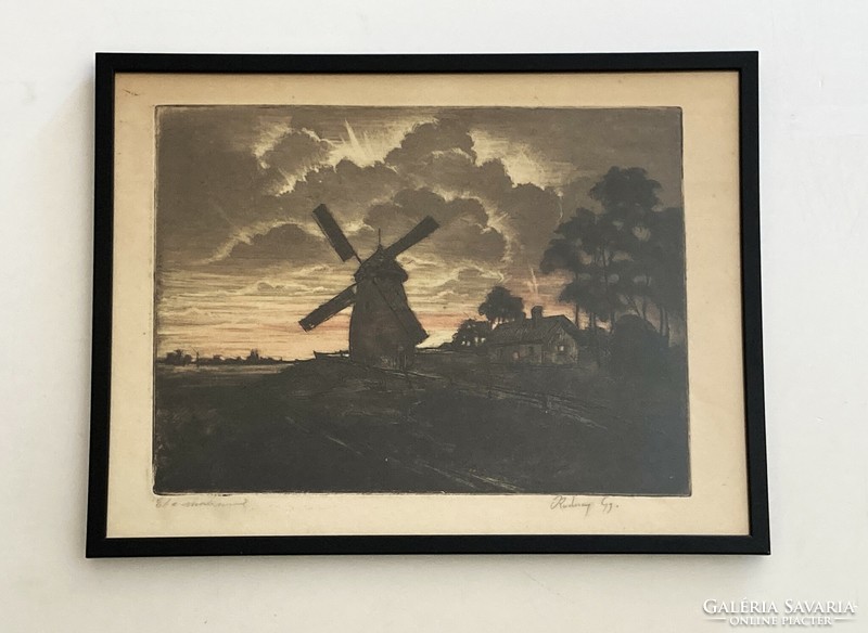 Gyula Rudnay (1878-1957): evening at the mill, colored etching - rare collector's graphic
