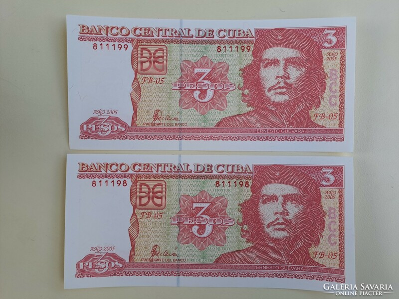 Rare! 2 pcs. Serial number tracker, unc Cuban 3 pesos banknote, with the face of Che Guevara