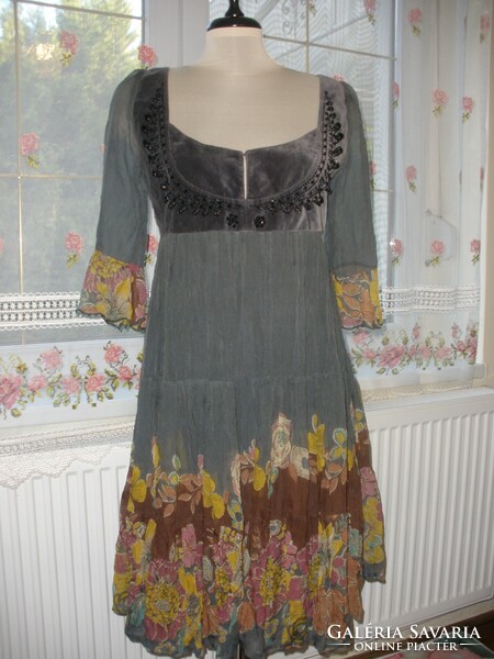 Antik Batik márka, olajkék hernyóselyem ruha